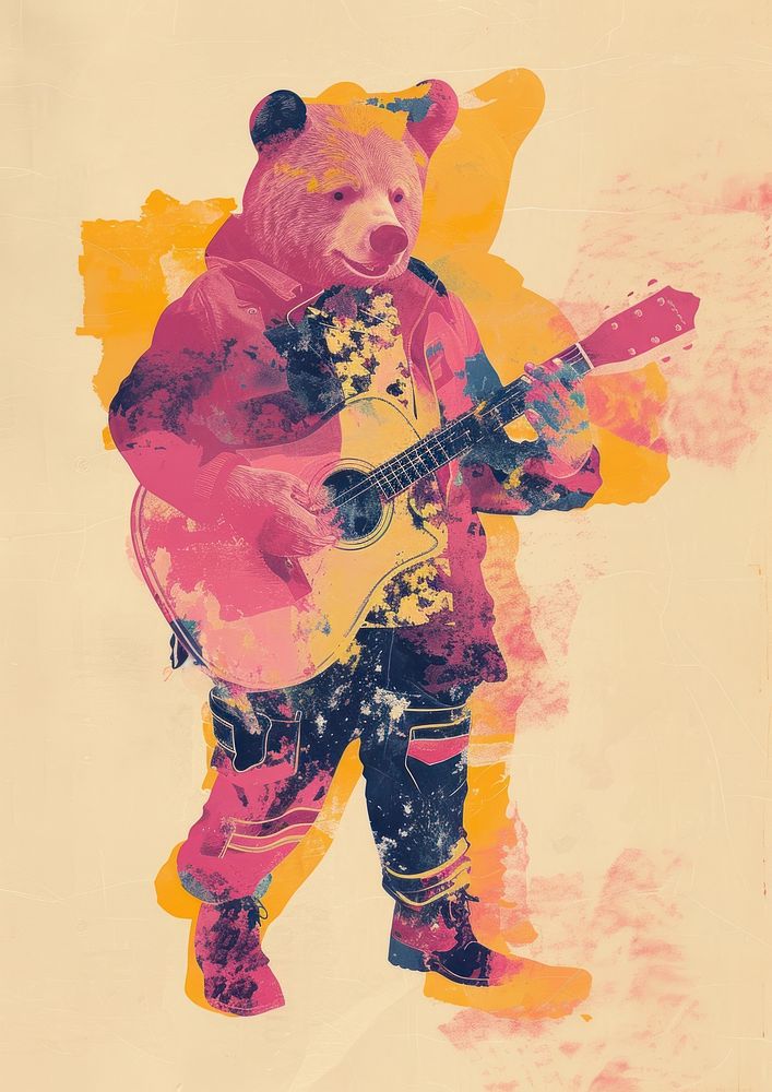 A musician bear in person character art painting representation.