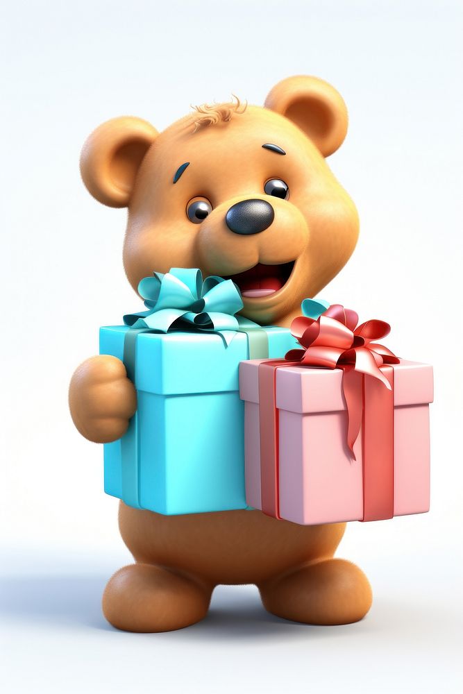 Bear holding big gift cartoon toy representation.