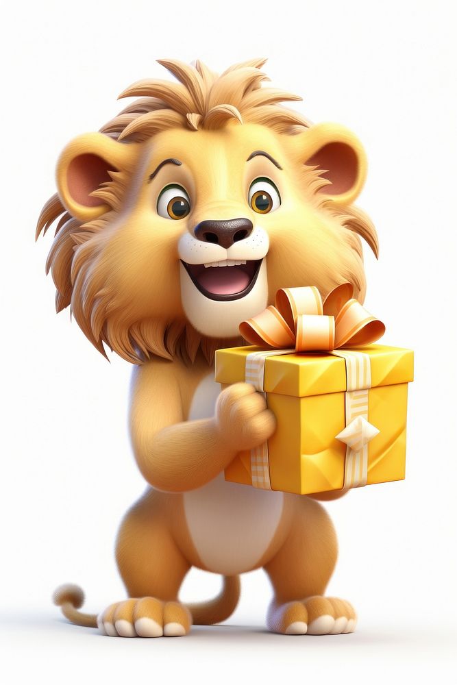 Lion holding big gift cartoon mammal representation.