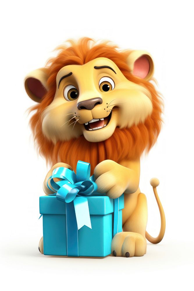 Lion holding big gift cartoon mammal animal.