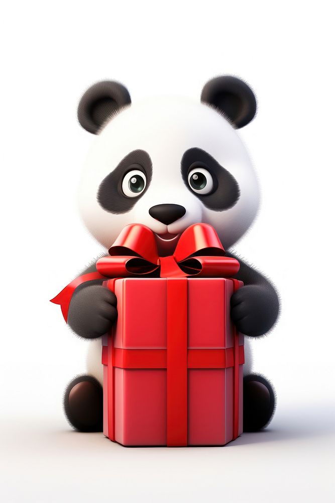 Panda holding big gift cartoon toy representation.