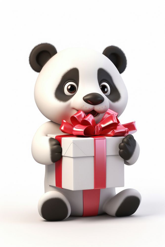 Panda holding big gift cartoon toy representation.