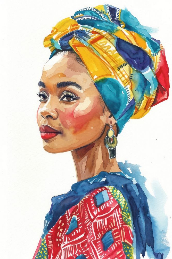 Portrait of african woman wearing colorful outfit turban adult art.