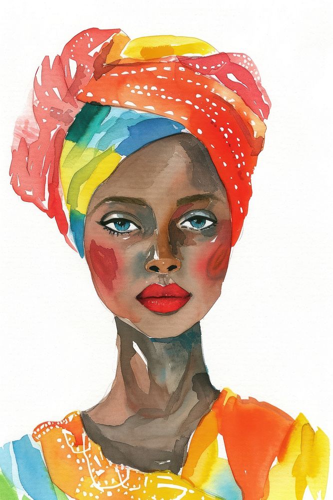 Portrait of african woman wearing colorful outfit turban adult art.