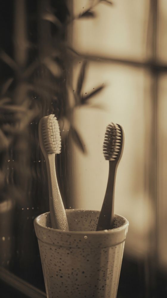 Photography of two toothbrushes in a cup monochrome flowerpot lighting.