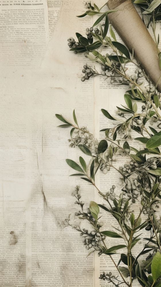 Wallpaper ephemera pale olive branch herbs newspaper flower.