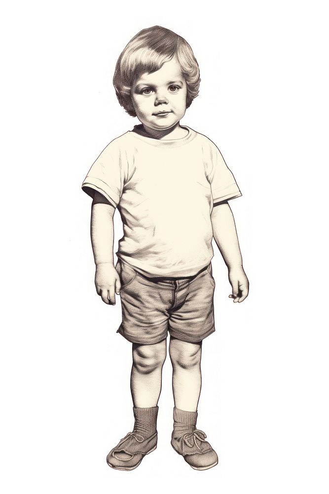 Standing child portrait footwear drawing.