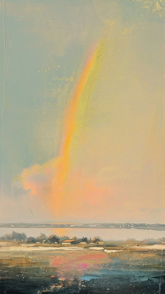 Painting rainbow sky outdoors.