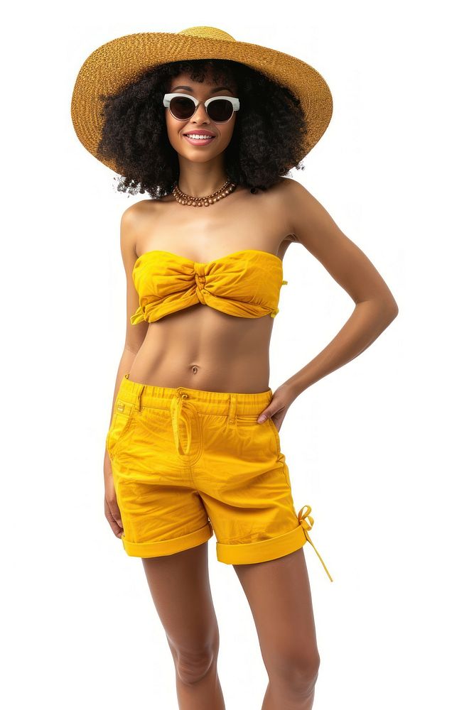 Photo of woman wearing summer outfit swimwear bikini shorts.