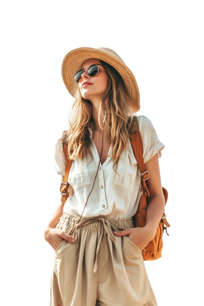 Photo of woman wearing summer outfit handbag travel adult.
