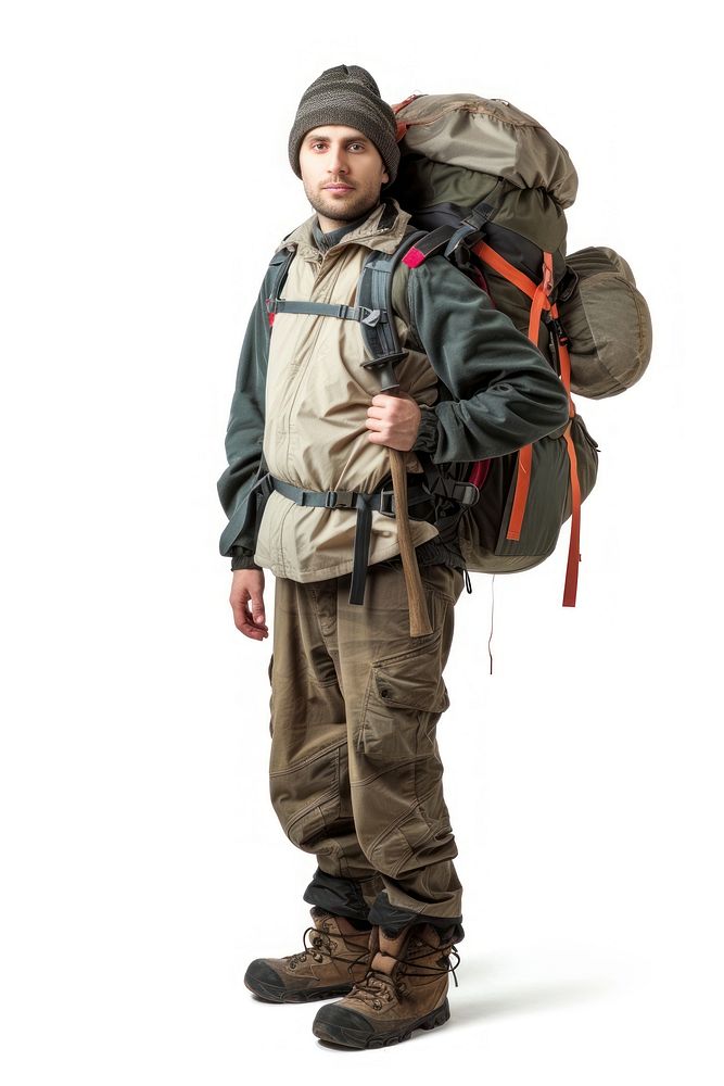 Photo of a backpacker footwear jacket bag.