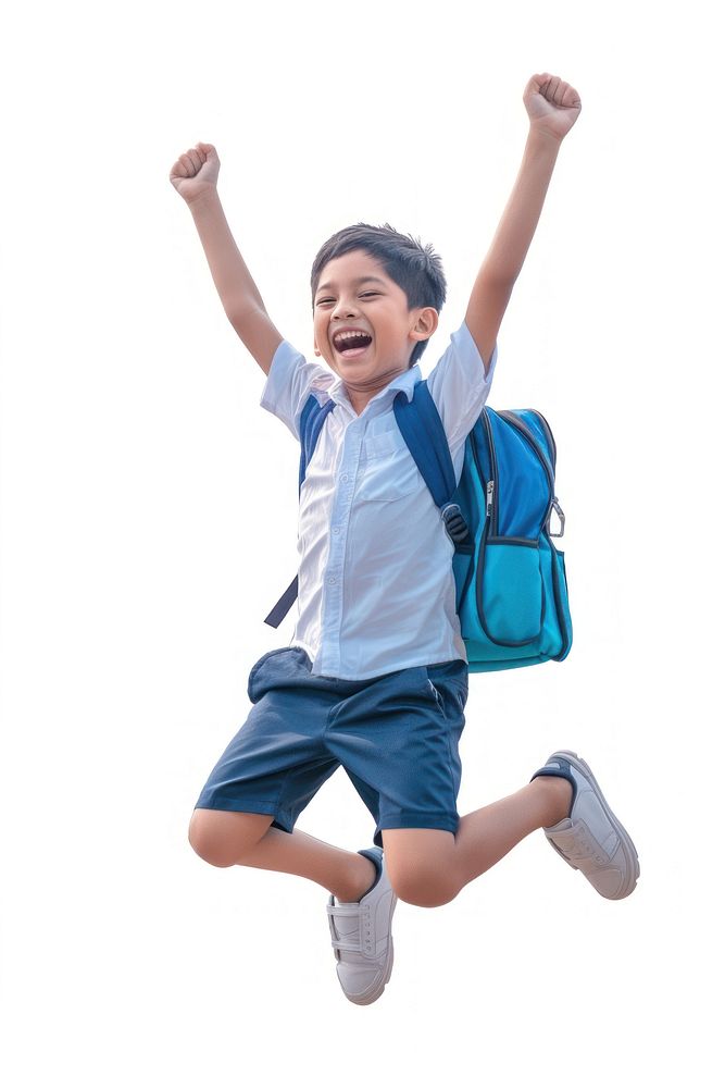 Back to school jumping child happy.
