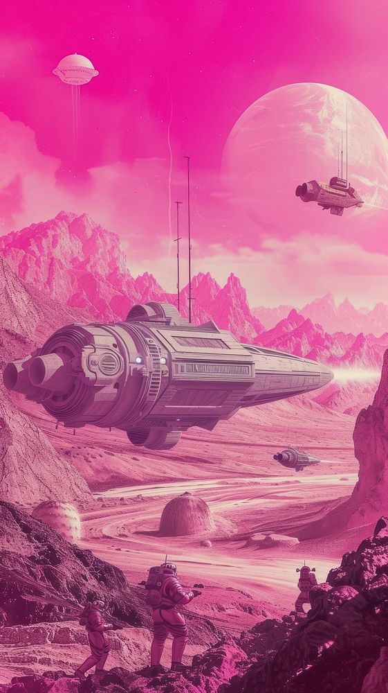 Vintage sci-fi fiction art vehicle pink transportation.