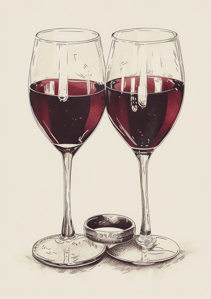 Vintage illustration of two glass wine drink red.