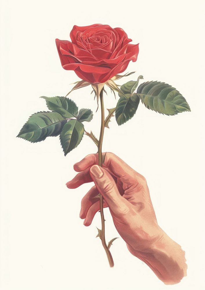 Vintage illustration of a rose holding flower plant.