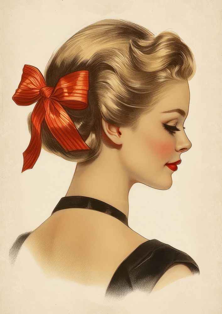 Vintage illustration of ribbon bow art portrait adult.