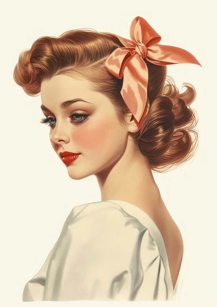 Vintage illustration of ribbon bow portrait adult art.