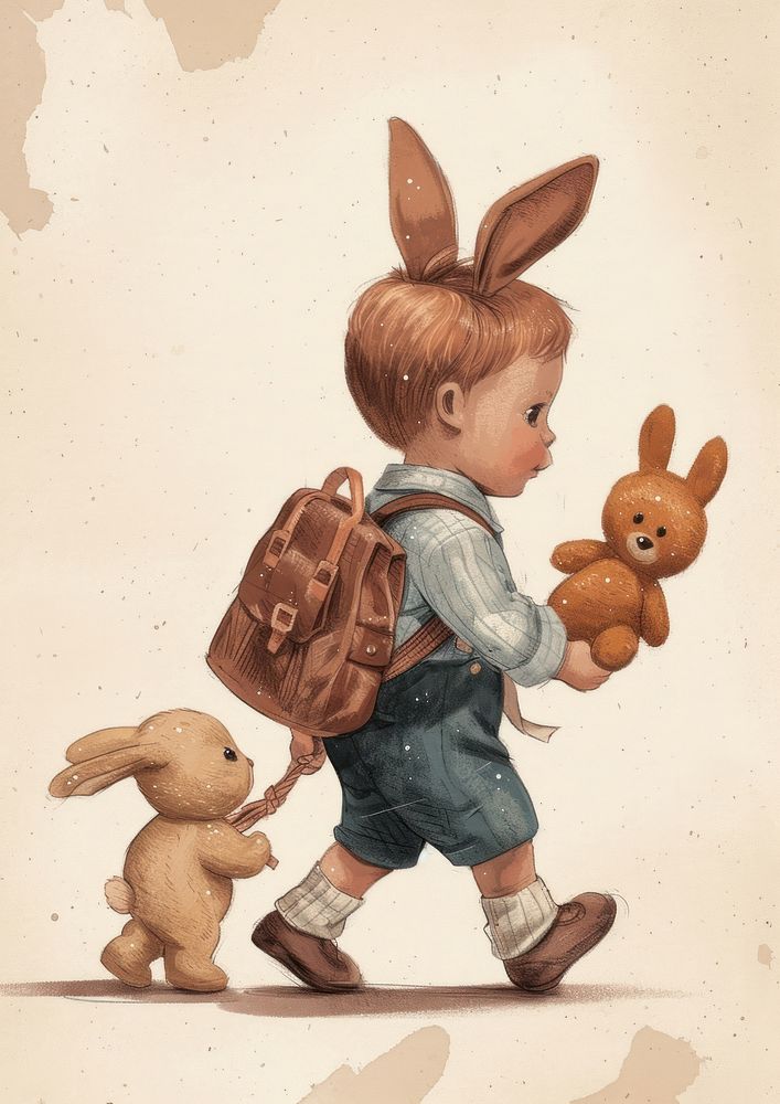 Vintage illustration boy rabbit footwear toy representation.