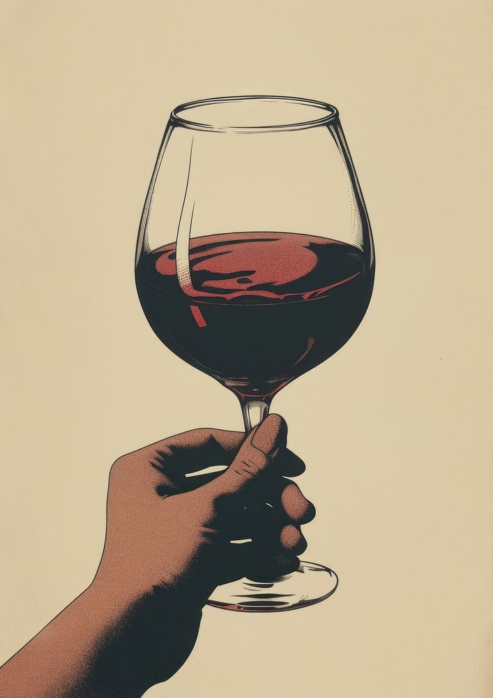 Vintage illustration of wine glass holding drink hand.