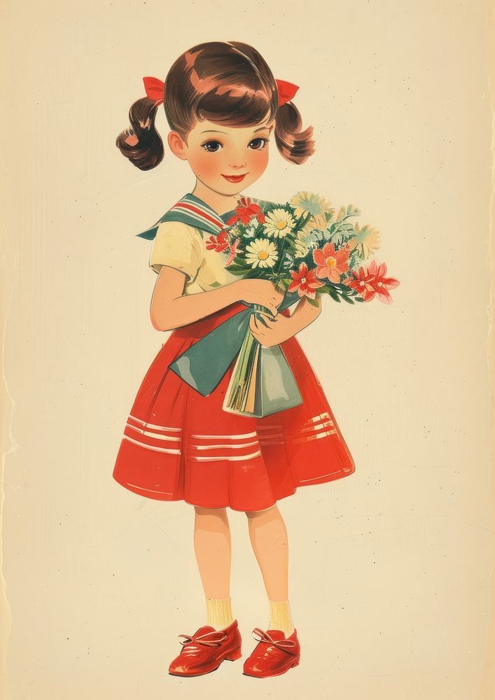 Vintage illustration of a girl flower art portrait.