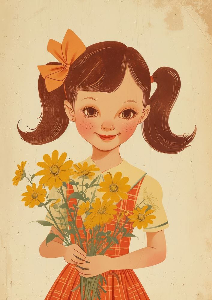 Vintage illustration of a girl flower art portrait.