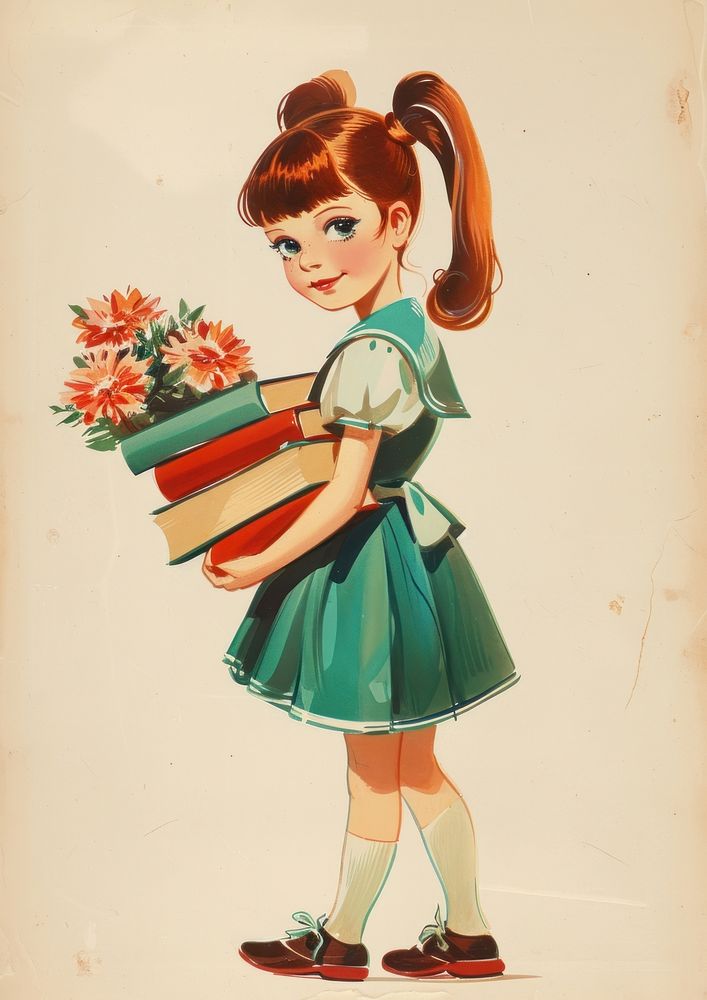 Vintage illustration of a girl art paper kid.