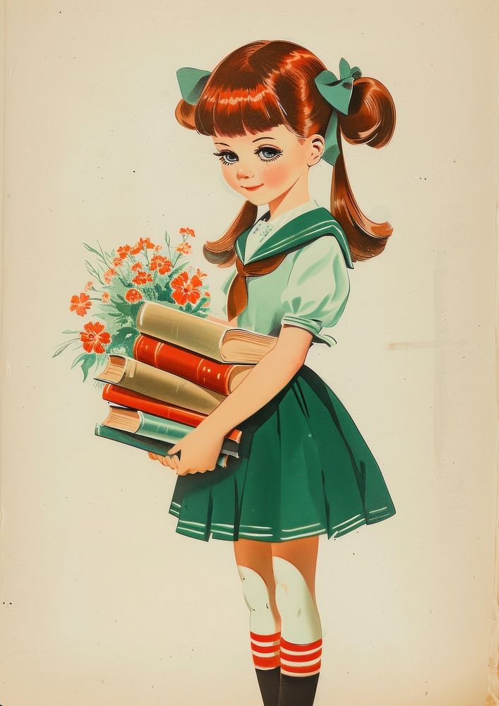 Vintage illustration of a girl art book representation.