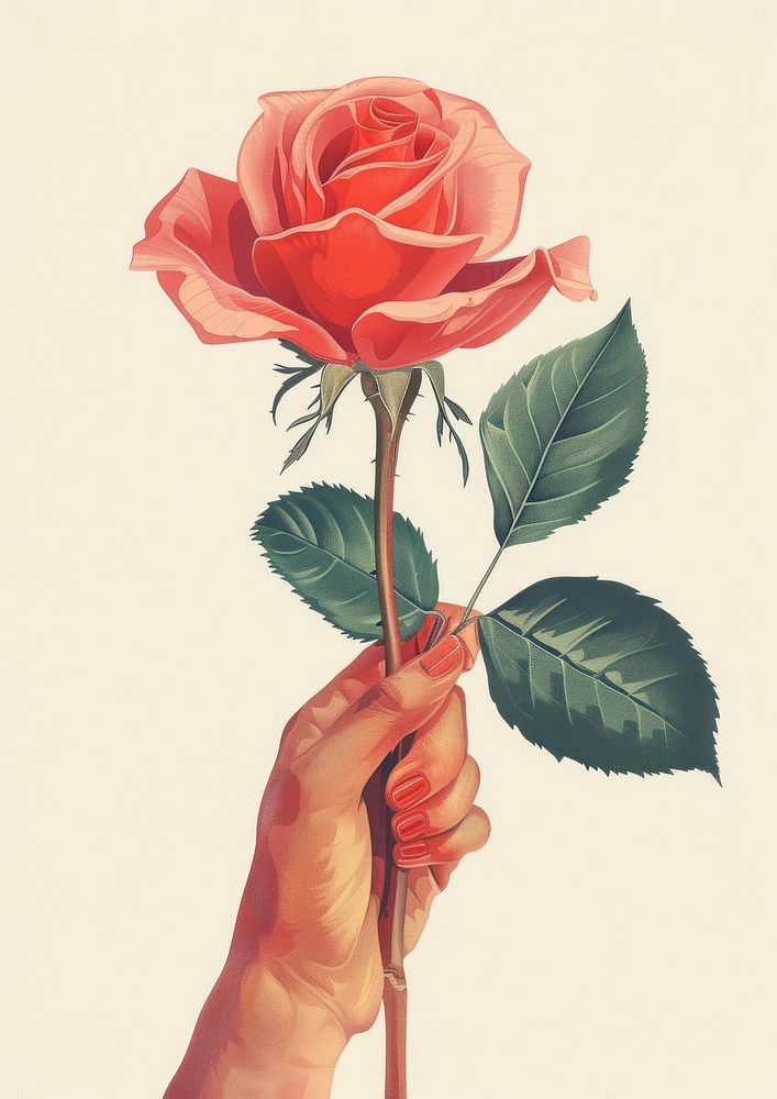 Vintage illustration of a rose art holding flower.