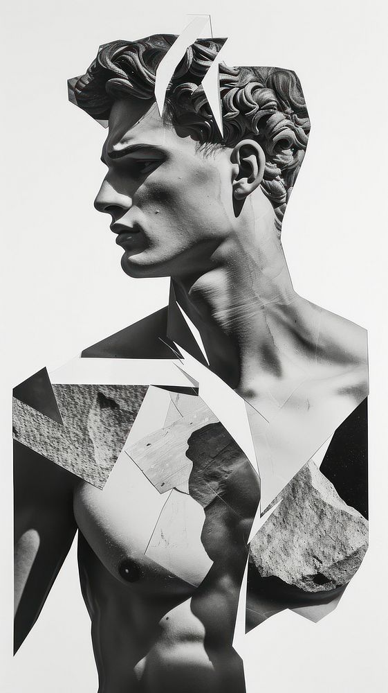 Cut paper collage with statue portrait black art.