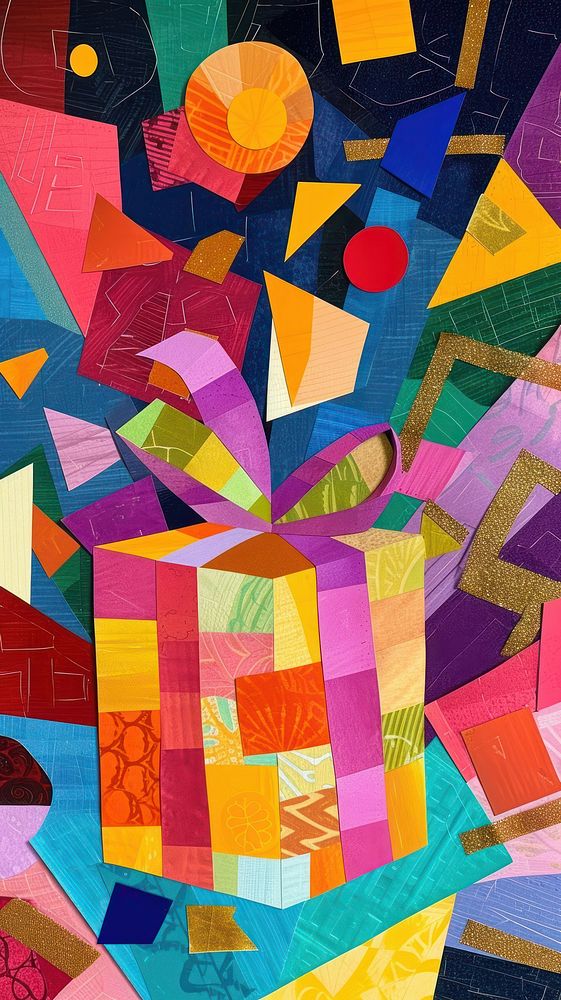 Colorful cut paper collage abstract painting quilt.