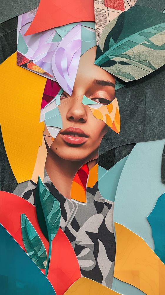 Colorful cut paper collage portrait women art.