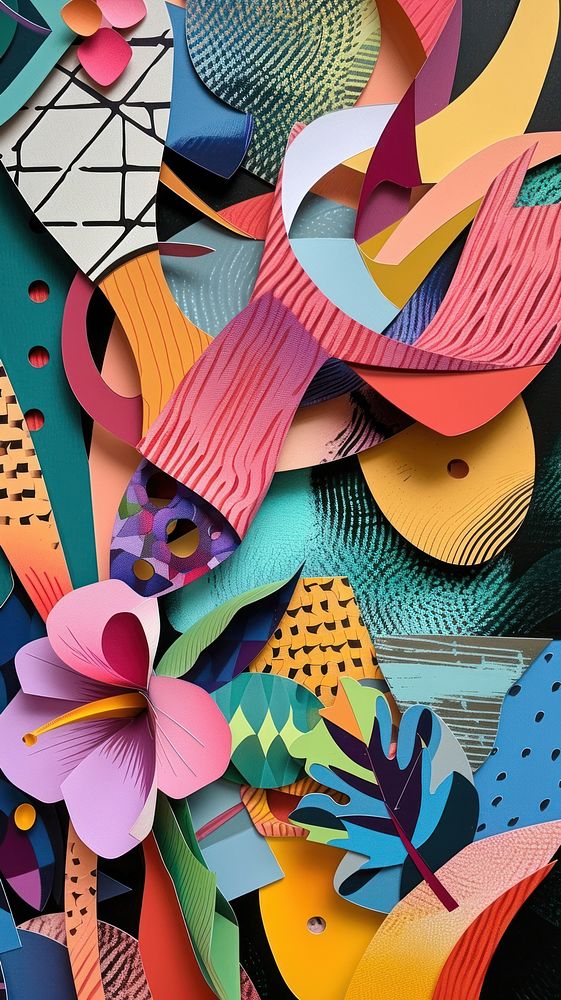 Colorful cut paper collage art backgrounds creativity.