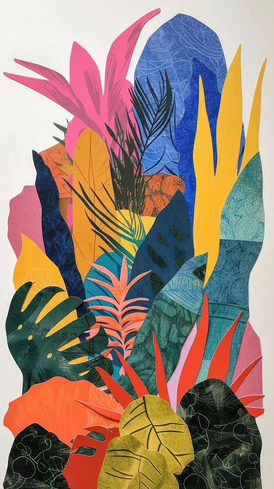 Colorful cut paper collage painting plant leaf.