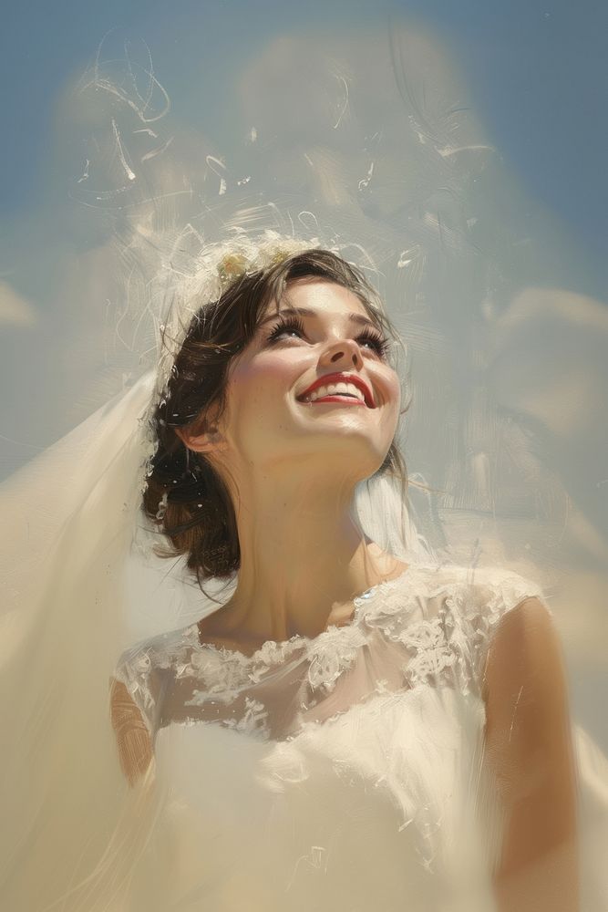 A woman wearing a wedding headpiece and dress bride happiness portrait.