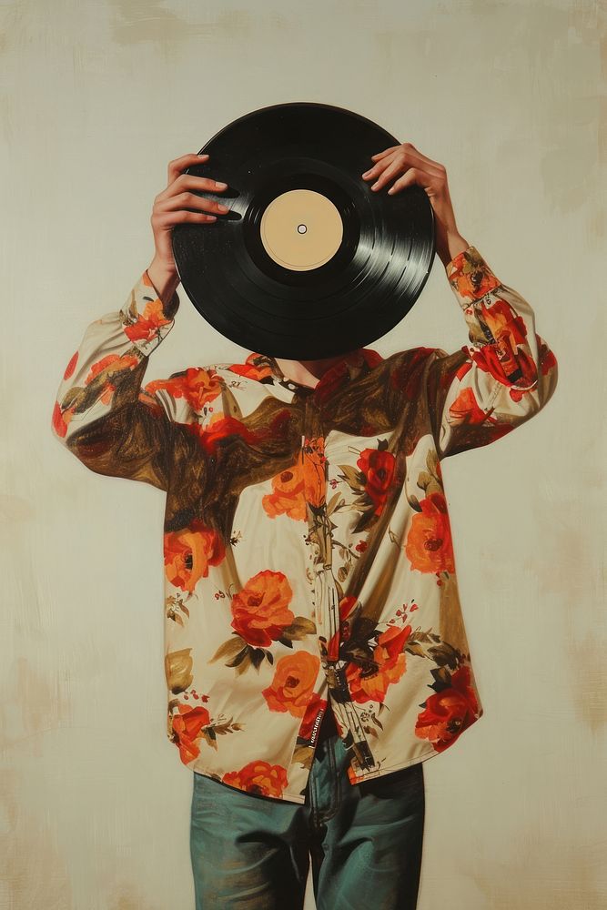 A 1970s man holding a vinyl record over his head painting adult music.