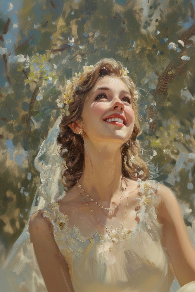 A woman wearing a wedding headpiece and dress painting bride happiness.