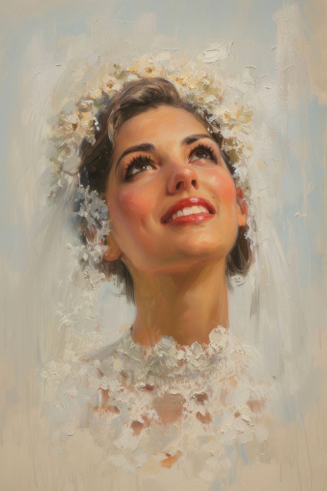 A woman wearing a wedding headpiece and dress painting bride happiness.