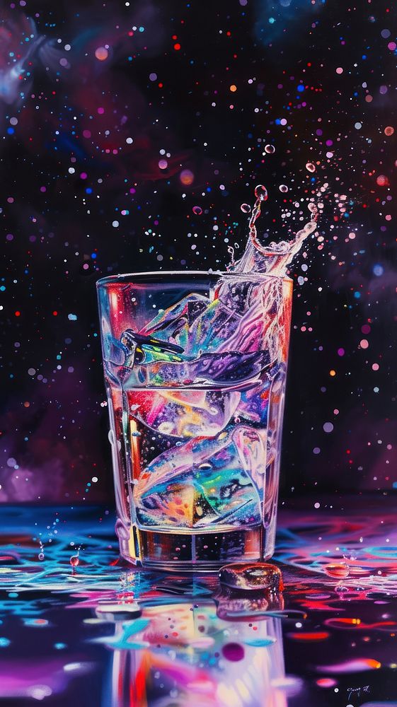 Minimal space cocktail in glass with splashes neon light painting drink transparent.