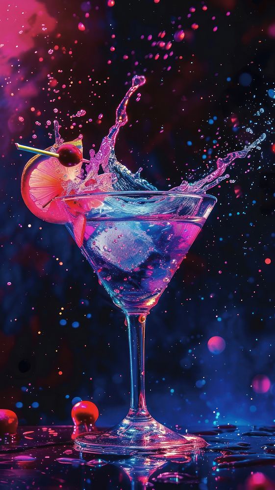 Minimal space cocktail in glass with splashes neon light martini drink cosmopolitan.