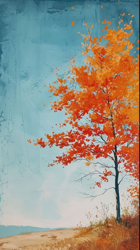 Minimal space Colorful seasonal autumn painting plant tree.