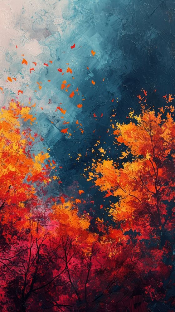 Minimal space Colorful seasonal autumn painting plant tree.