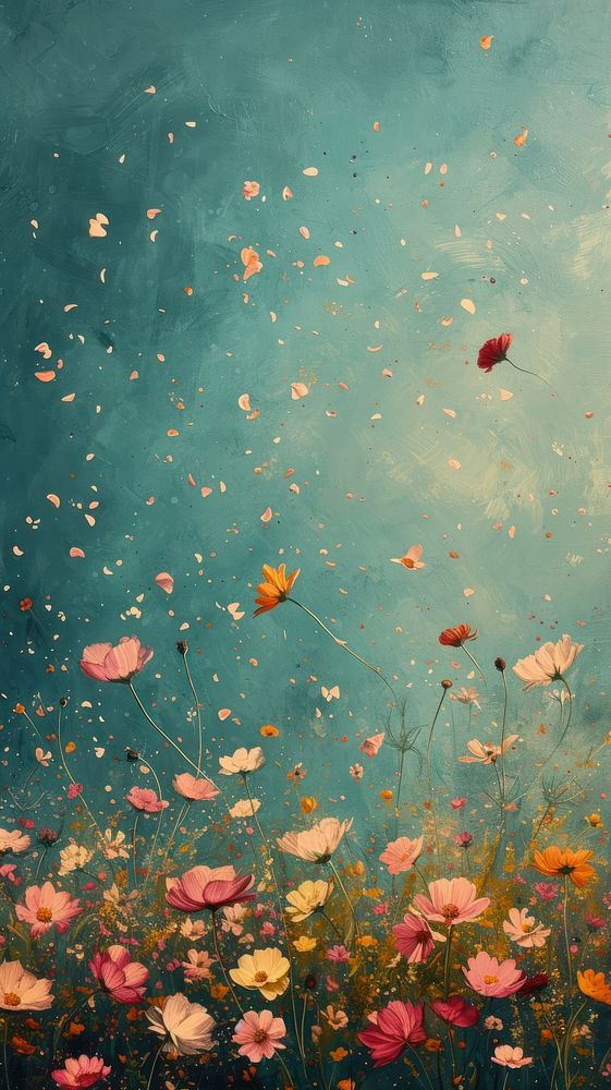 Minimal space a beautiful field of flowers with flying petals painting outdoors nature.