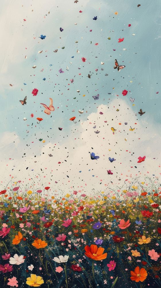 Minimal space a beautiful field of flowers with flying petals confetti painting outdoors.
