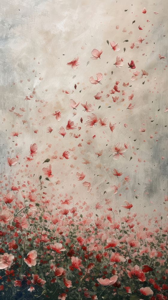 Minimal space a beautiful field of flowers with flying petals painting plant art.