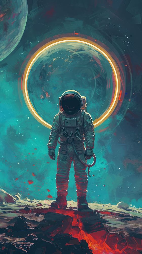Minimal space Astronaut on foreign planet in front of spacetime portal light astronomy astronaut universe.