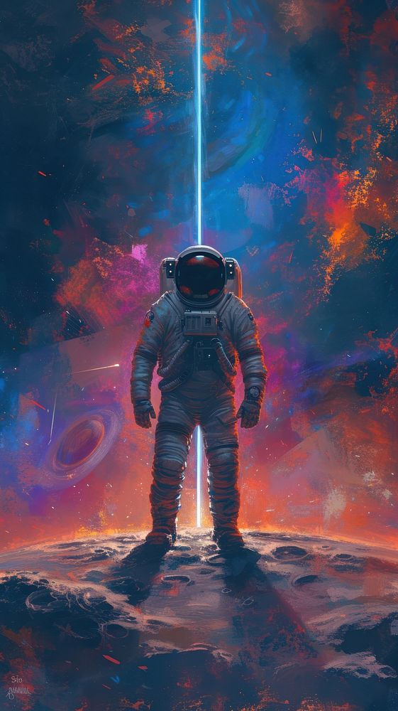 Minimal space Astronaut on foreign planet in front of spacetime portal light astronomy astronaut universe.