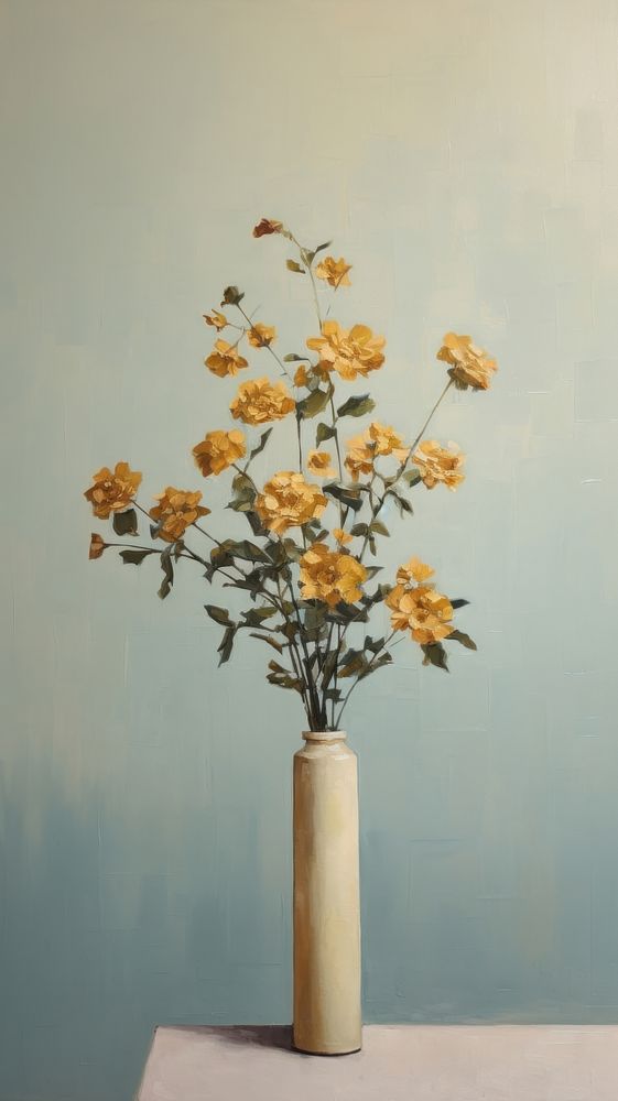 Minimal space bouquet of flowers painting plant vase.