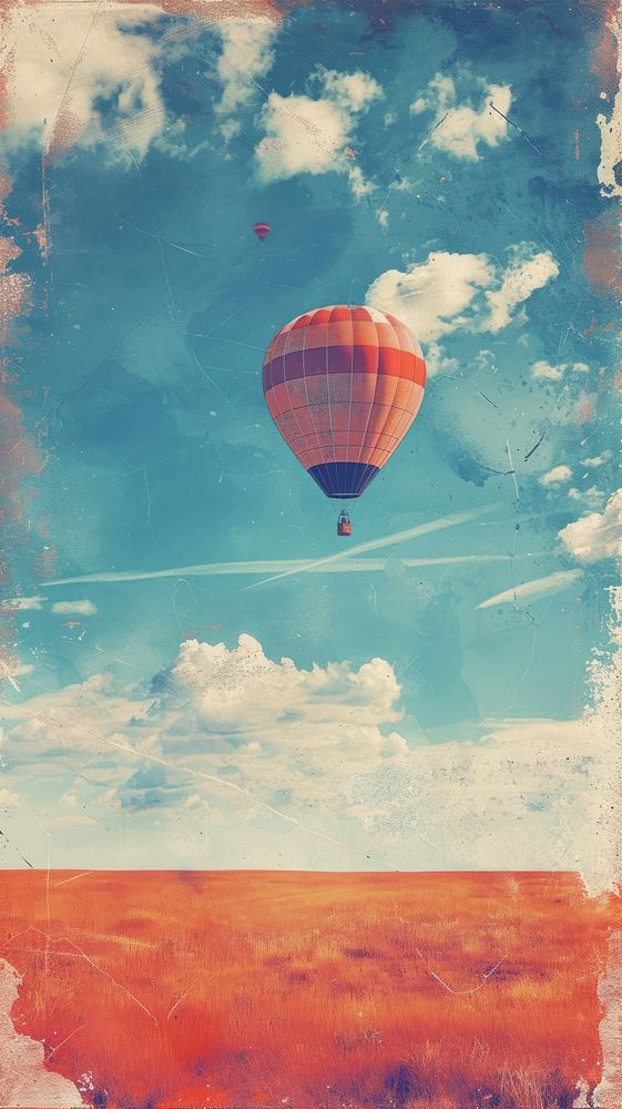 Minimal space beautiful inspirational landscape with hot air balloon flying in the sky aircraft painting outdoors.