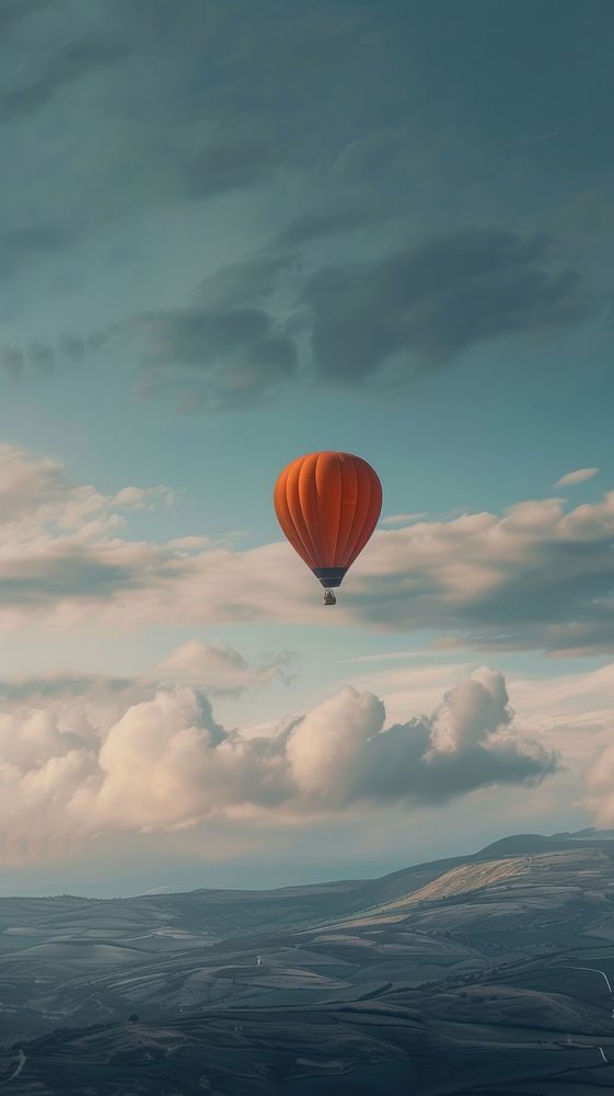 Minimal space beautiful inspirational landscape with hot air balloon flying in the sky aircraft outdoors vehicle.