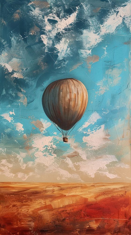 Minimal space beautiful inspirational landscape with hot air balloon flying in the sky aircraft painting vehicle.